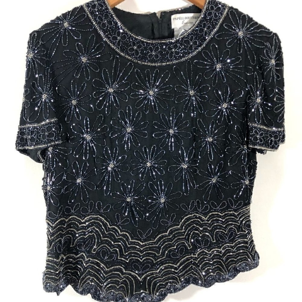 Papell Boutique Vintage Black Silk Beaded Blouse L